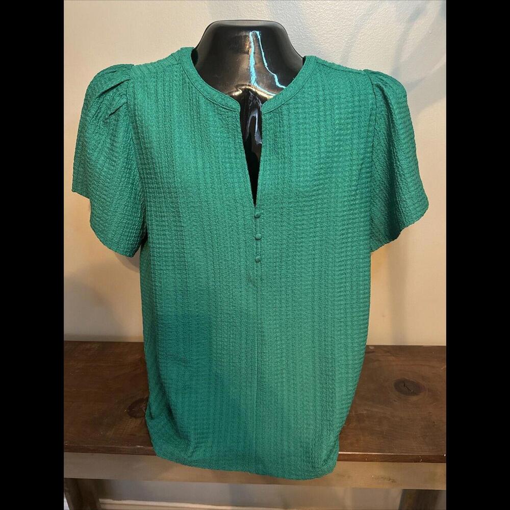 Loft XL Christmas Green Short Sleeve Blouse- NWT- V-neck W Covered buttons
